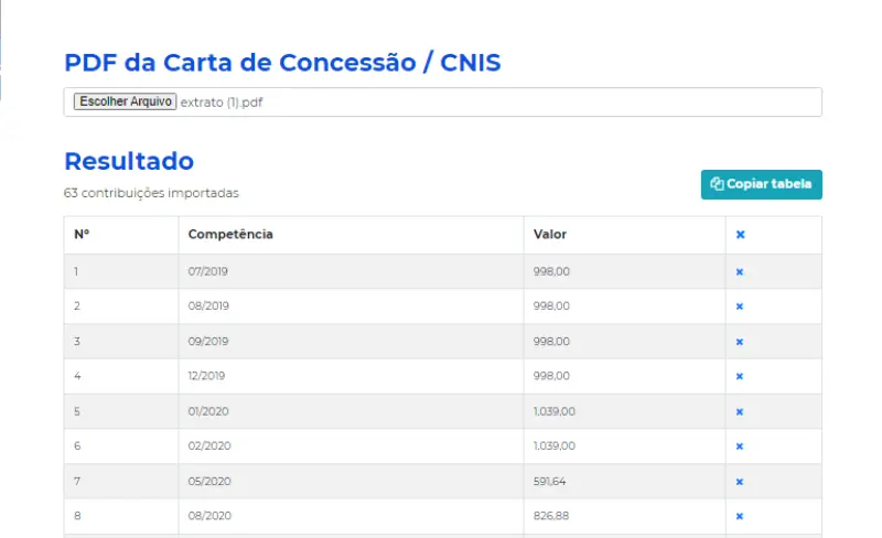 Contribuições do CNIS importadas