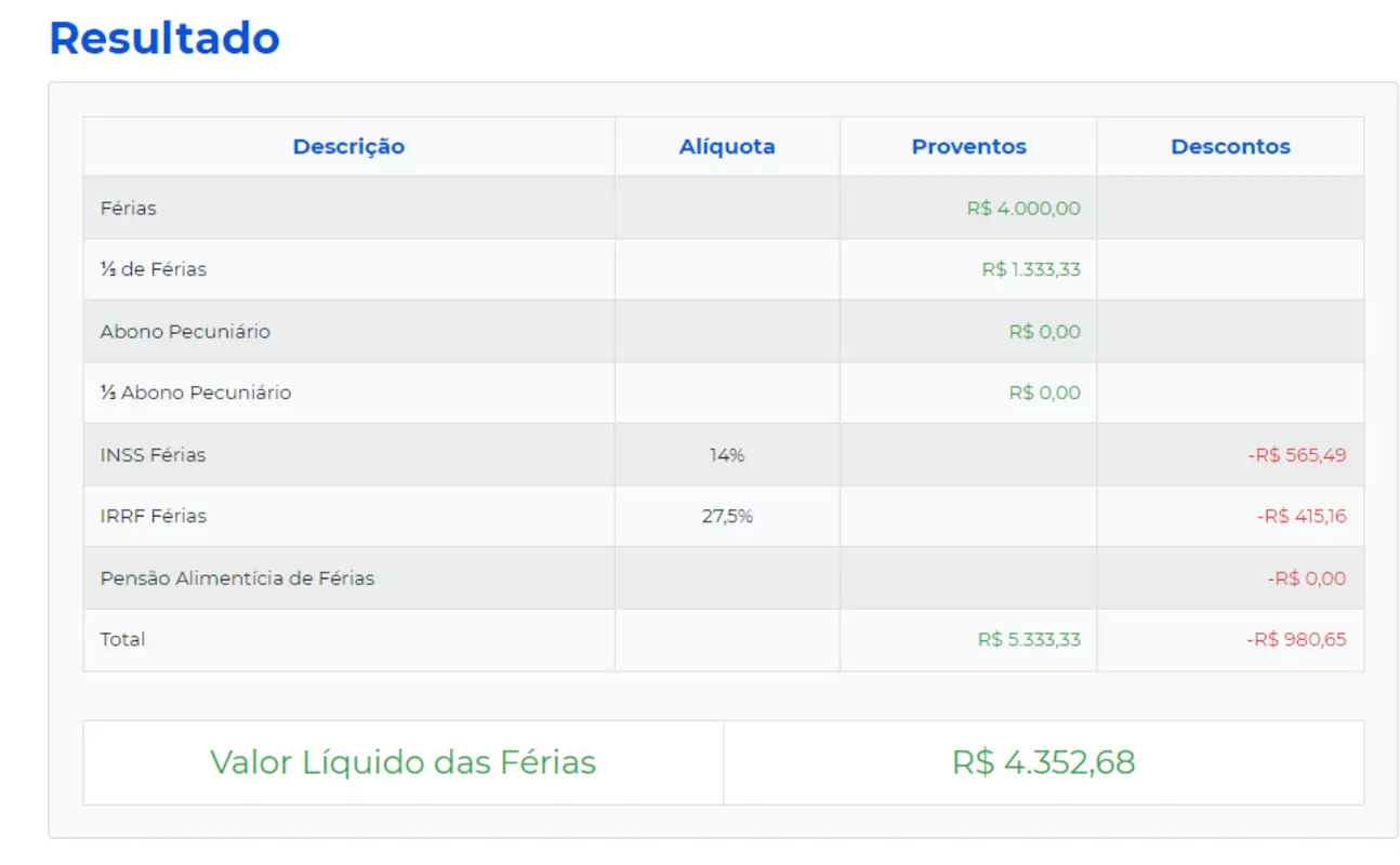 Resultado cálculo de férias simulação