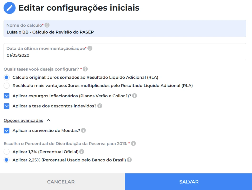 Configurações Iniciais do cálculo