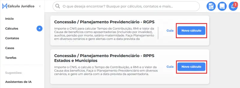 Página Cálculo Jurídico Planejamento Previdenciário