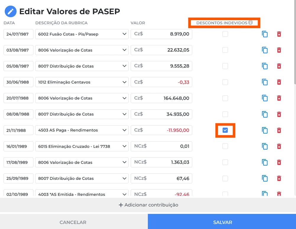Editar valores do PASEP
