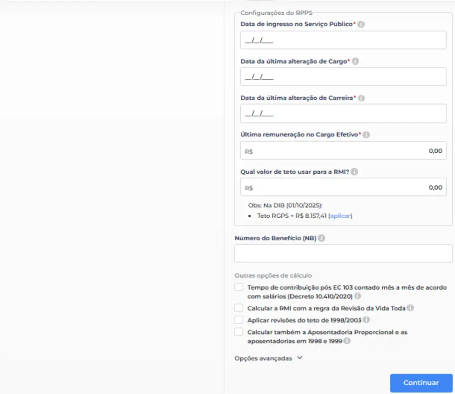 Configuração Novo calculo de Concessao Planejamento Previdenciário RPPS