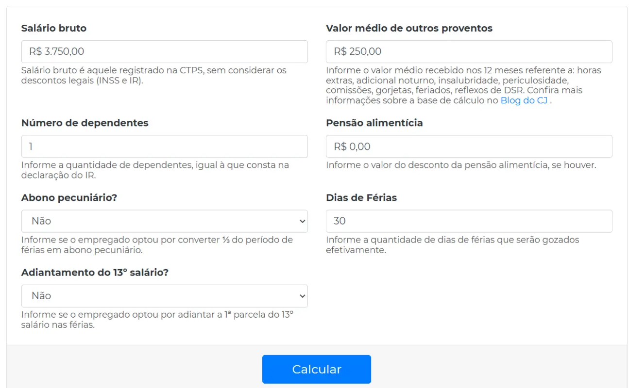 Dados na calculadora de férias do CJ