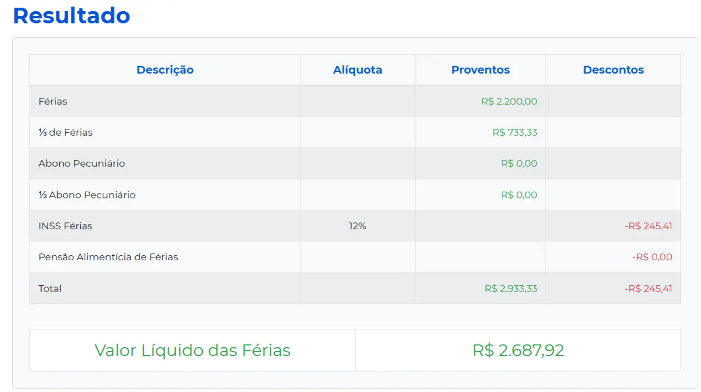 Resultado simulação de cálculo de férias