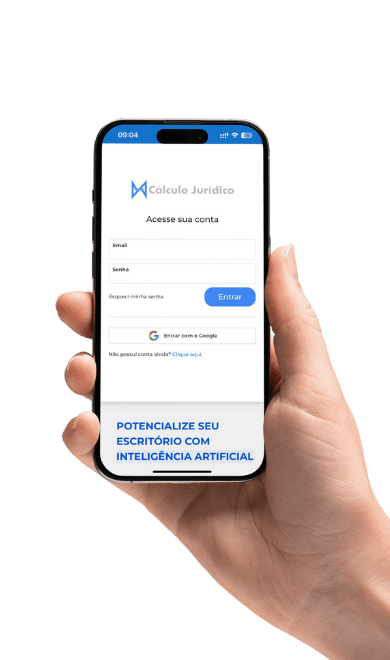 Celular exibindo a tela de login do sistema Cálculo Jurídico