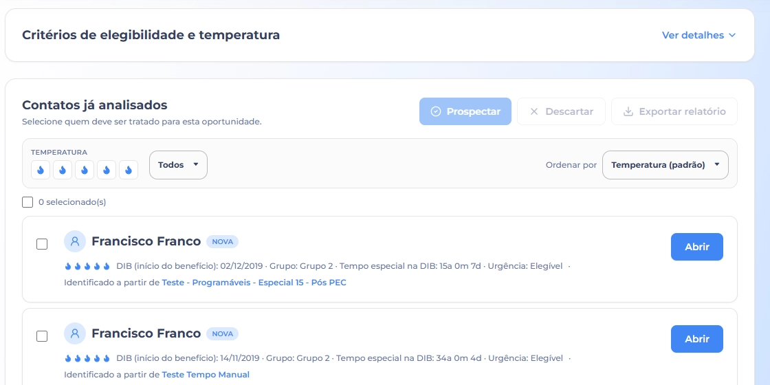 Temperatura de 1 a 5 foguinhos de um cliente na Central de Oportunidades