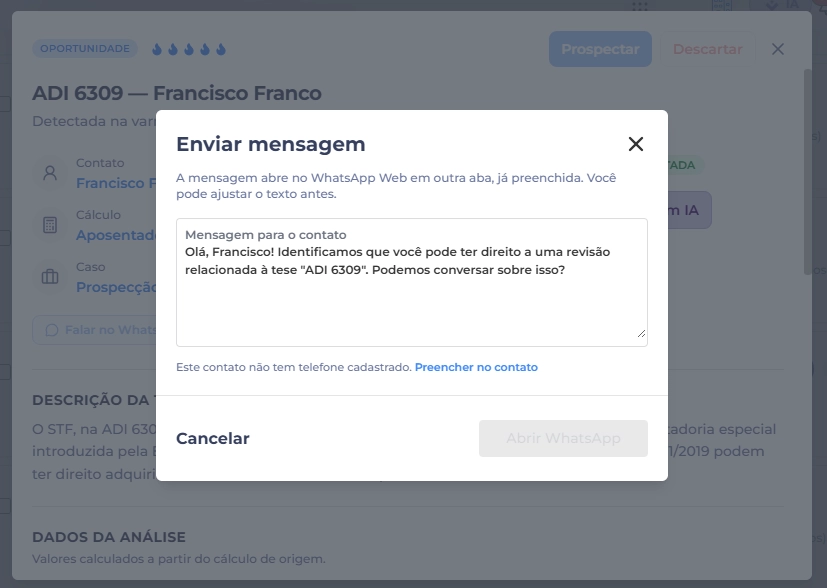 Mensagem de WhatsApp sugerida pelo Cálculo Jurídico para retomar o contato com o cliente