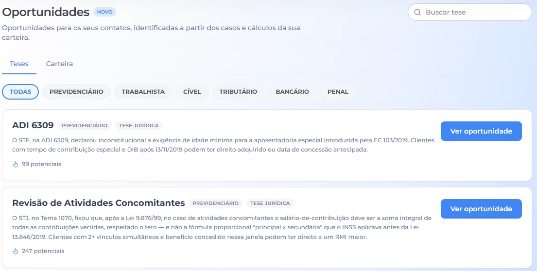 Tela de Oportunidades do Cálculo Jurídico com os cards da ADI 6309 e do Tema 1070