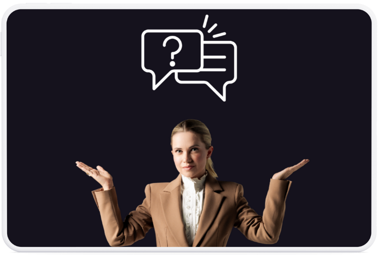 Professora com ícones de perguntas e caixas de texto